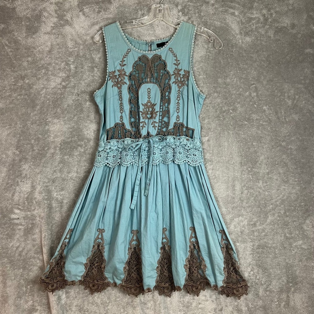 Vintage Tank Dress Womens S Embroidered Boho Geometric Artsy Tie Back